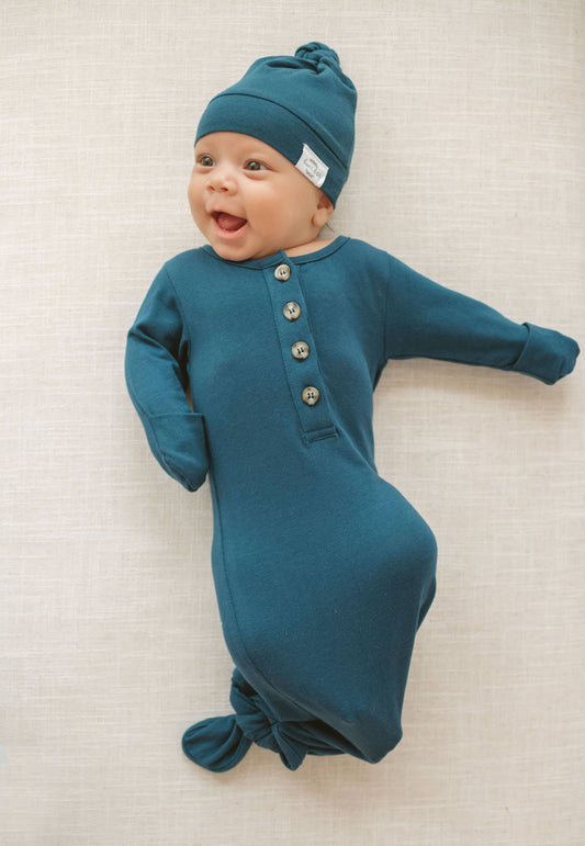 Baby Organic Knotted Gown + Top Knot Hat | Navy Blue