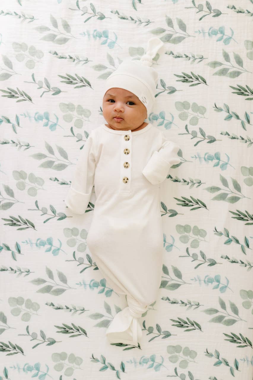 Baby Organic Knotted Gown + Top Knot Hat | Sugar White