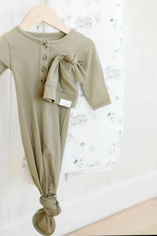 Baby Organic Knotted Gown + Top Knot Hat | Sage Green