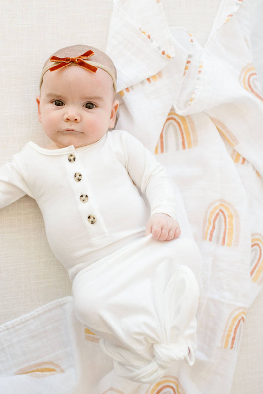 Baby Organic Knotted Gown + Top Knot Hat | Sugar White