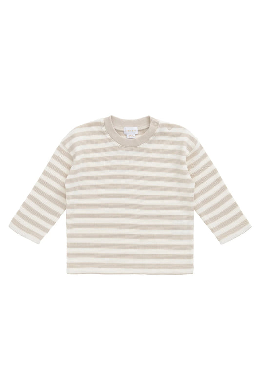Organic Cotton Waffle Leith Long Sleeve Top - Staple Stripe Oat/Cloud