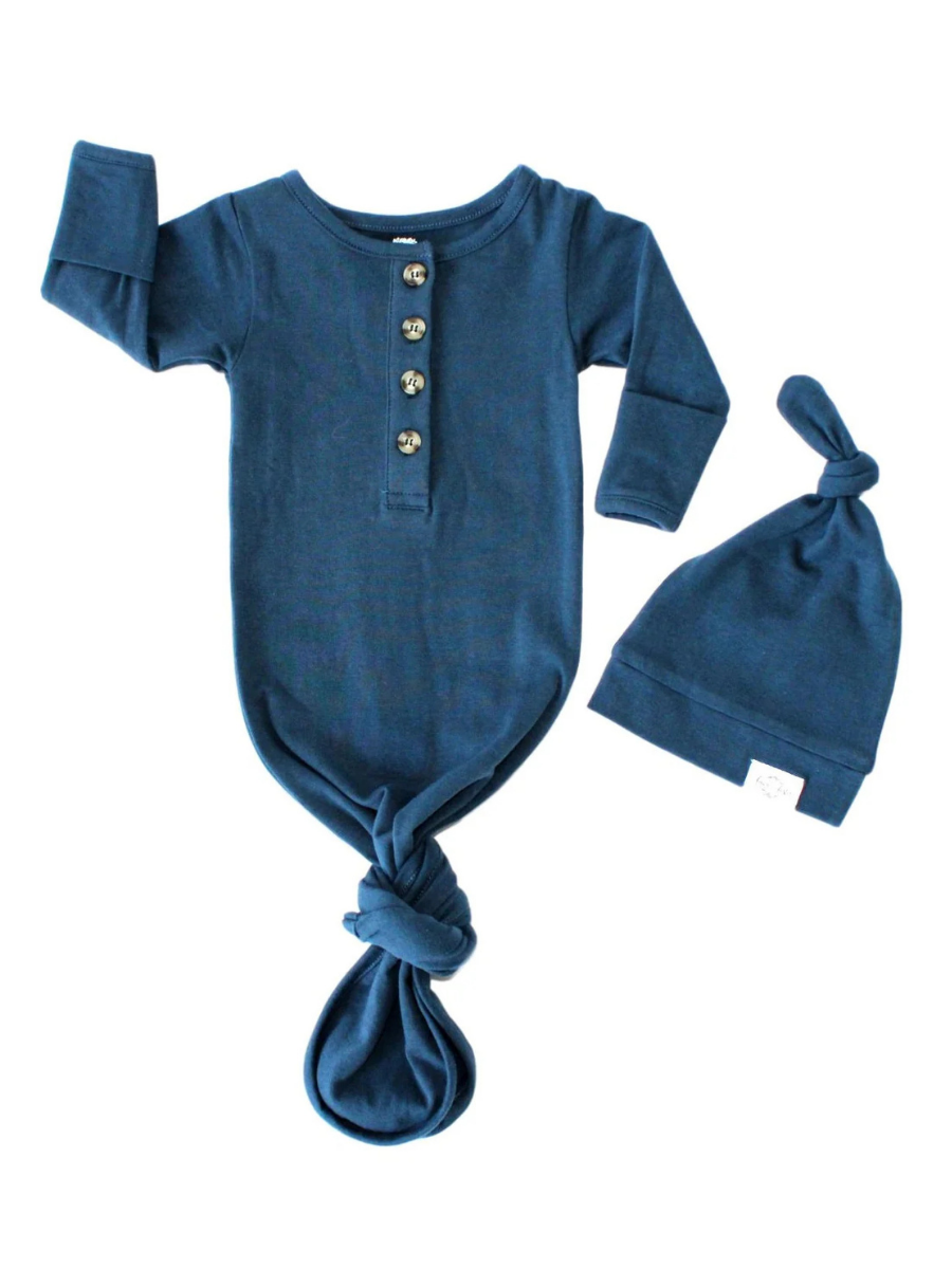 Baby Organic Knotted Gown + Top Knot Hat | Navy Blue